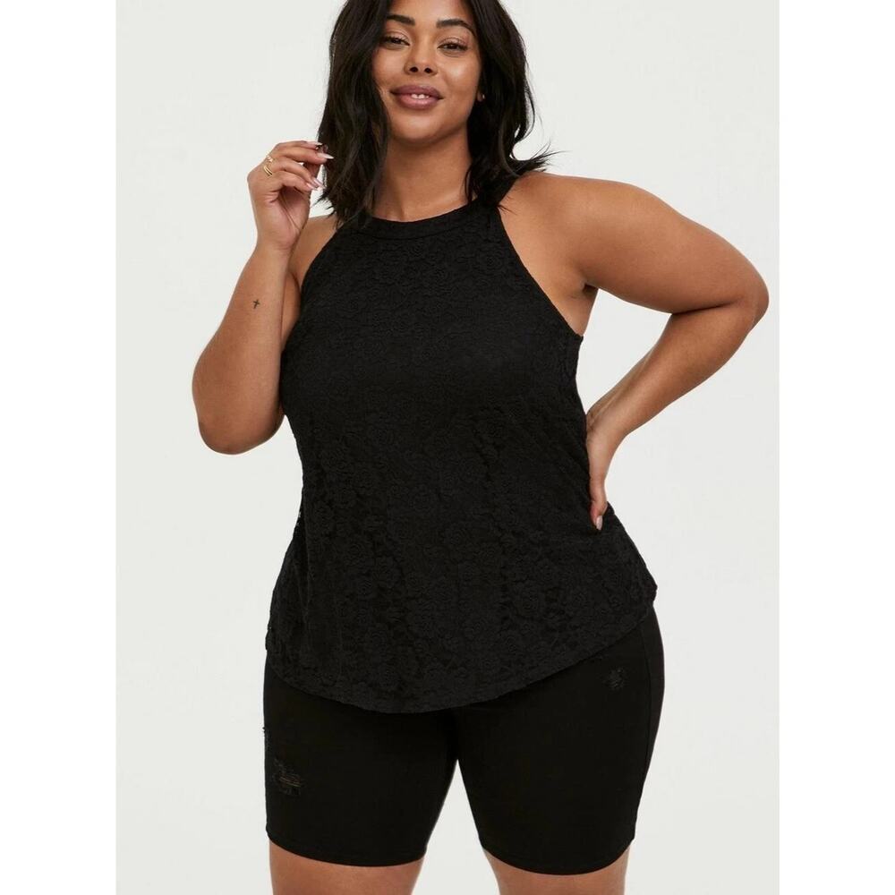 Torrid Lace Tank Top 6 6X Black Floral High Neck Sleeveless Keyhole Lined